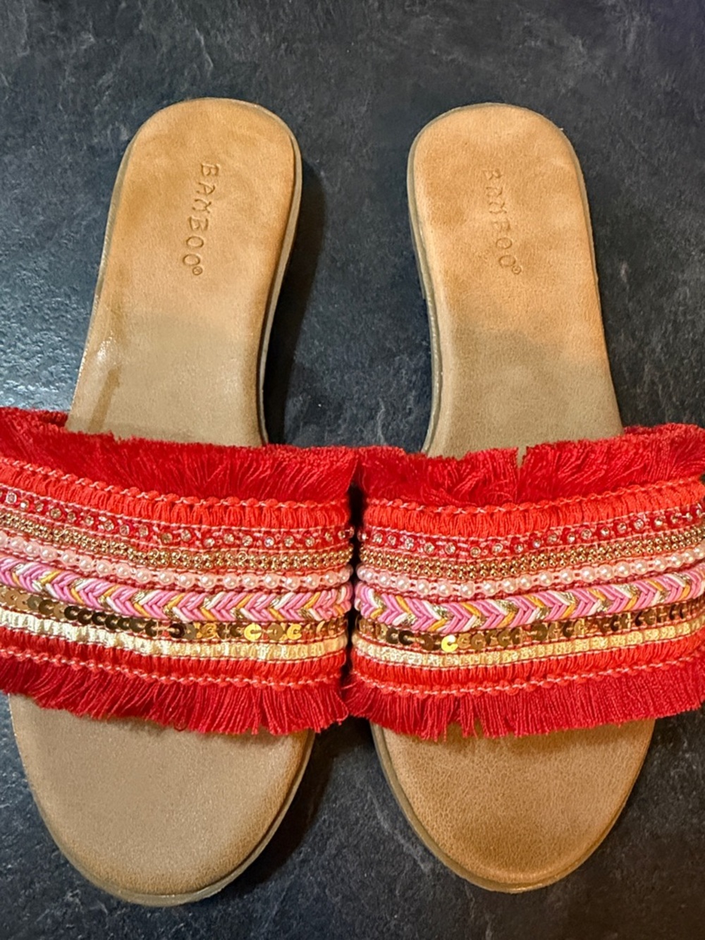 BAMBOO Red Fringe Embellished Slide Sandals